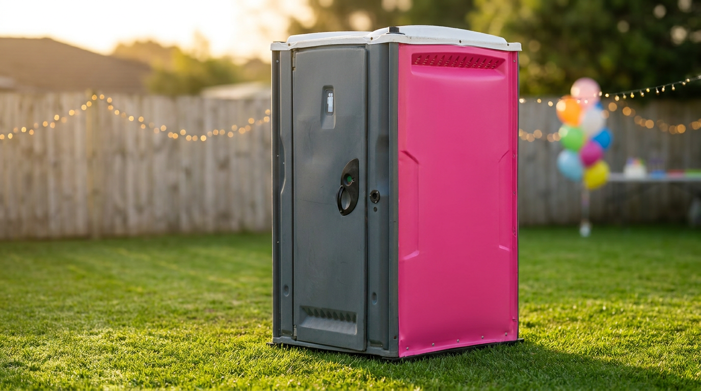 Shithouse portaloo on a lawn at golden hour